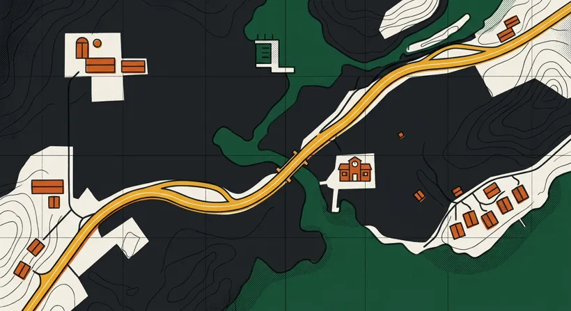 Stylised overhead diagram of the Highway W corridor, showing the road winding past farmsteads, a school, a marina and lakeside cabins.