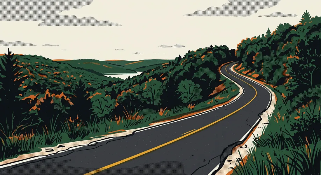Illustration of a two-lane Missouri highway curving over a wooded Ozark ridge, its pavement edge crumbling away into the grass with no paved shoulder.